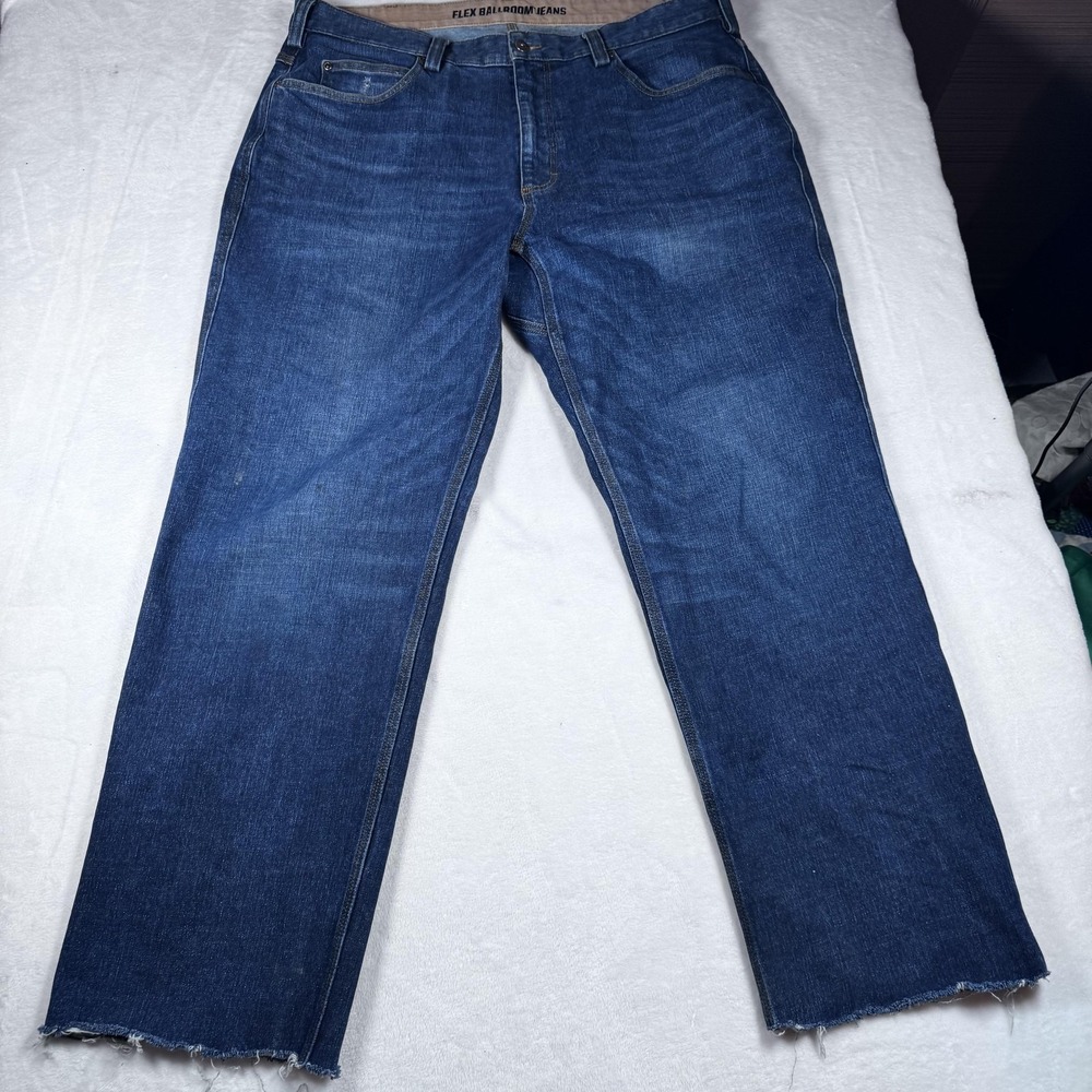 Duluth Trading Co Flex Ballroom Jeans Mens 38x31 Blue Straight Raw Hem Denim